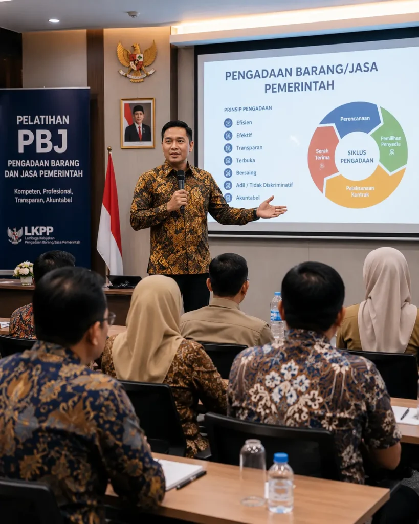 instruktur profesional mengenakan batik formal sedang mengajar di depan peserta