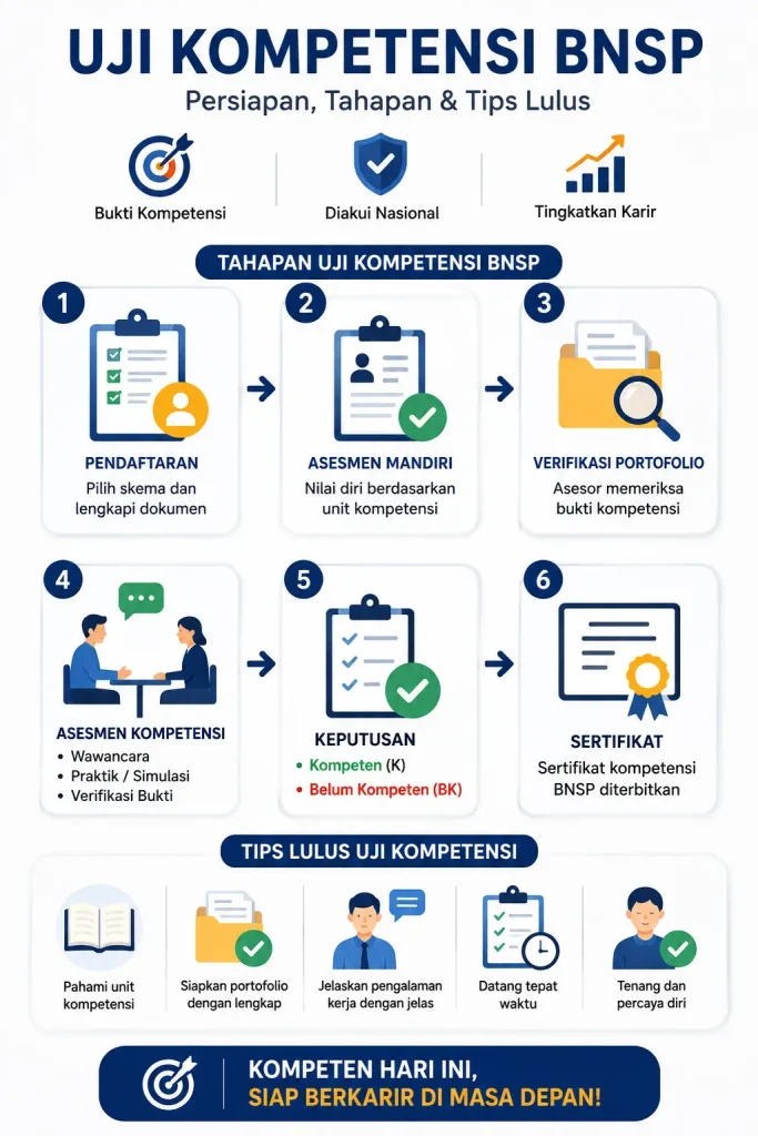 sertifikasi kompetensi, sertifikasi bnsp, lsp, bnsp, portofolio asesmen, wawancara asesor, simulasi kerja, sertifikat kompetensi, uji kompetensi bnsp, asesmen kompetensi, asesor kompetensi